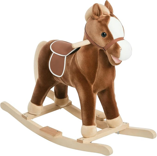 Qaba Kids Plush Toy Rocking Horse Ride on with Realistic Sounds - Brown