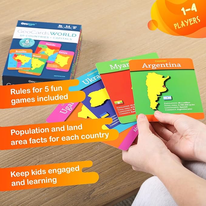 Geotoys GeoCards, World Flash Cards Geography Game, Kid Card Games for Families, Home, School & Travel - Countries and Capitals Flash Cards - Fun Kid Games Ages 4 and Up