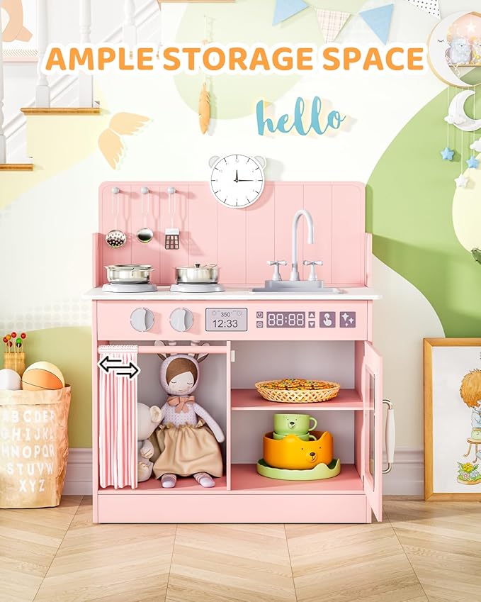MAMIZO Play Kitchen for Toddlers, Wooden Kids Toy Kitchen Playset with Smart Storage, Ultimate Interactive, Simulated Gas Cooker, Sink & Faucet, 6 Pcs Cookware & Educational Clock (Pink)