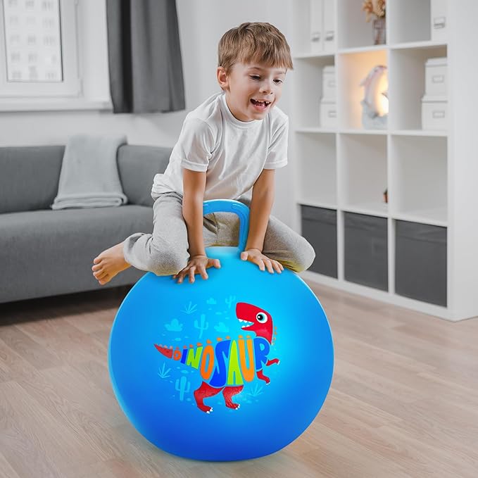 ZOOJOY Hopper Ball for Kids Aged 3-8, 18In Bouncy Balls with Handle, Blue Dinosaur Hoppity Hop Ball, Indoor Outdoor Inflatable Christmas Hopping Toys Gifts for Boys Girls