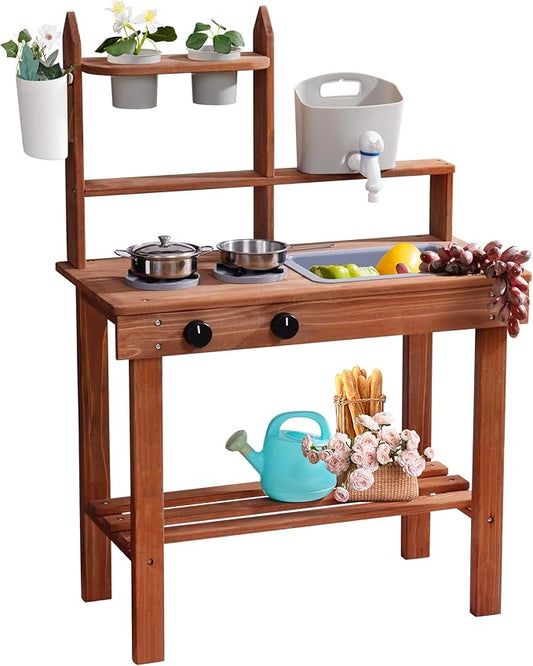 ROBOTIME Mud Kitchen for Kids Outdoor, Wooden Kids Kitchen Playset, Outdoor Play Kitchen with Removable Sink, Faucet, Cooking Accessories, Stove, Fun Backyard Outdoor Kitchen for Boys Girls 3+