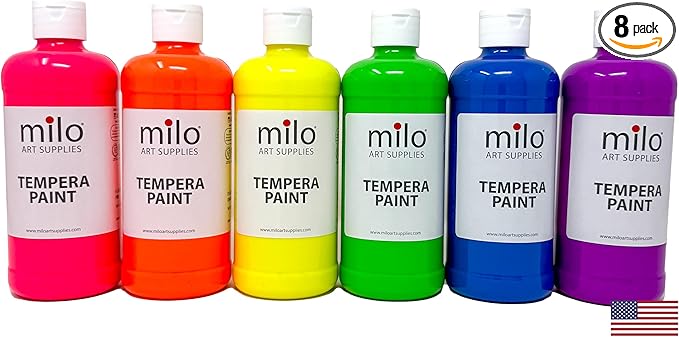 milo Fluorescent Neon Washable Paint for Kids | 16 oz Bottles 6 Colors | Made in the USA | Glows UV in Black Light | Safe & Non-Toxic Tempera Paint for Art & Craft, Poster, Window, for Children, Toddler, Classroom, School, Project
