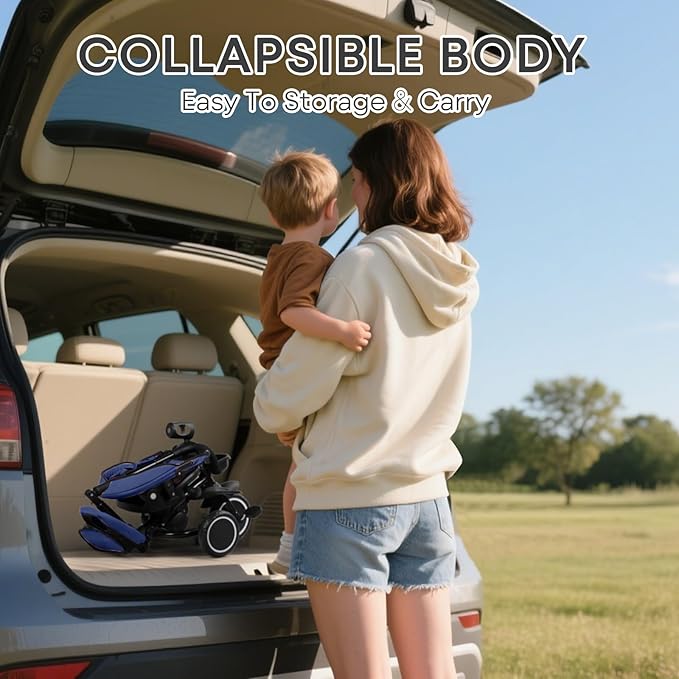 Kinder King Kids Tricycle, 8 in 1 Folding Toddler Trike w/Adjustable Push Handle, Rotatable Seat, Adjustable Canopy, Bell, Five-Point Harness, Storage, Toddler Stroller Bike for Age 6 Months+, Blue