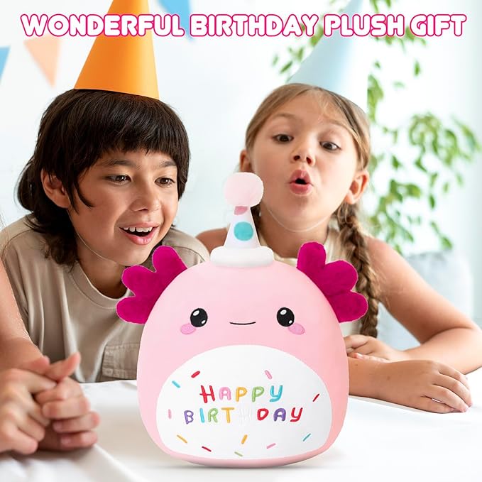 SQEQE Happy Birthday Axolotl Plush Axolotl Stuffed Animal Toy Pink Birthday Plushies Home Decor for Girls Boys Kids(14 Inch)