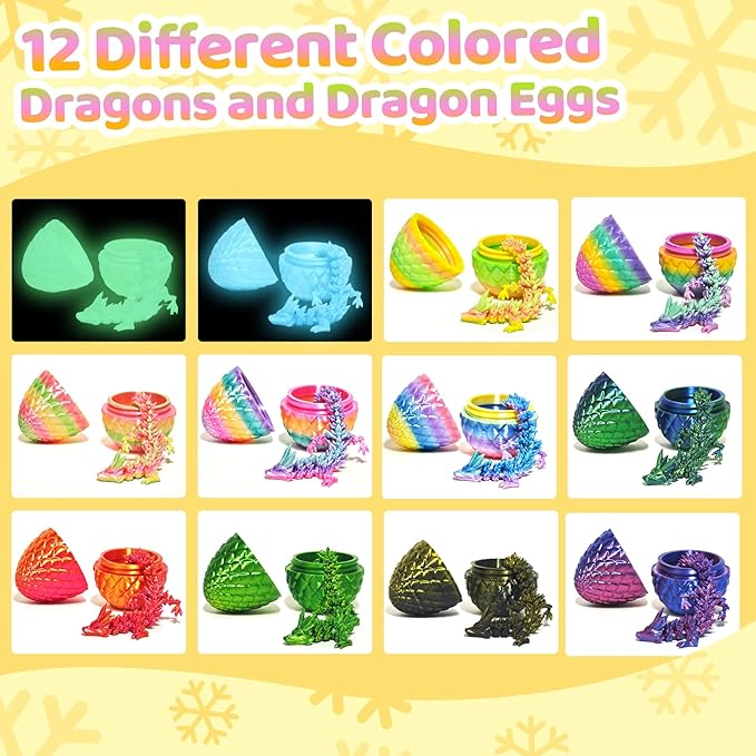 12PCS 3D Printed Dragon Eggs with Dragons Inside, Mini Egg Set, Articulated Crystal Dragon Fidget Toys for Kids, Glow in The Dark Dragon Toys - Stuff Fun Gift for Kids Boys Girls