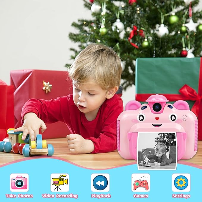 Instant Print Digital Camera for Kids, Toddler Camera, 20MP Selfie Video, Children's Toy, Christmas & Birthday Gift for 6-12 Year Old Girls & Boys, Pink