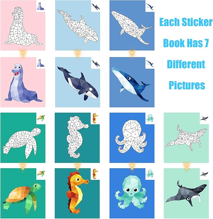 Ocean Paint by Sticker Crafts for Kids Ages 4-8 Sticker by Number Book for Boys and Girls Birthday Gifts Party Favor, Travel Toys for Toddlers for Learning