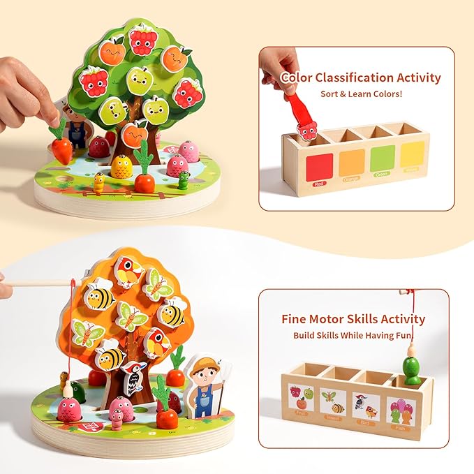 Toddler Sensory Montessori Wooden Preschool Learning Educational Gift Toy for Kids Ages 3 4 5, Shape Color Sorter Apple Picking Carrot Harvest Game,Magnetic Fishing - Fine Motor Skills Toys