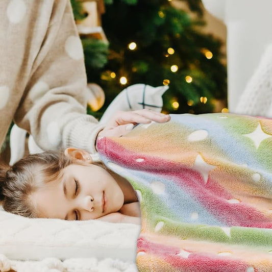Kids Blanket Glow in The Dark Blanket Rainbow Fleece Throw Blanket Stars Blanket Glow in The Dark Blankets for Girls Boys Teen Kids