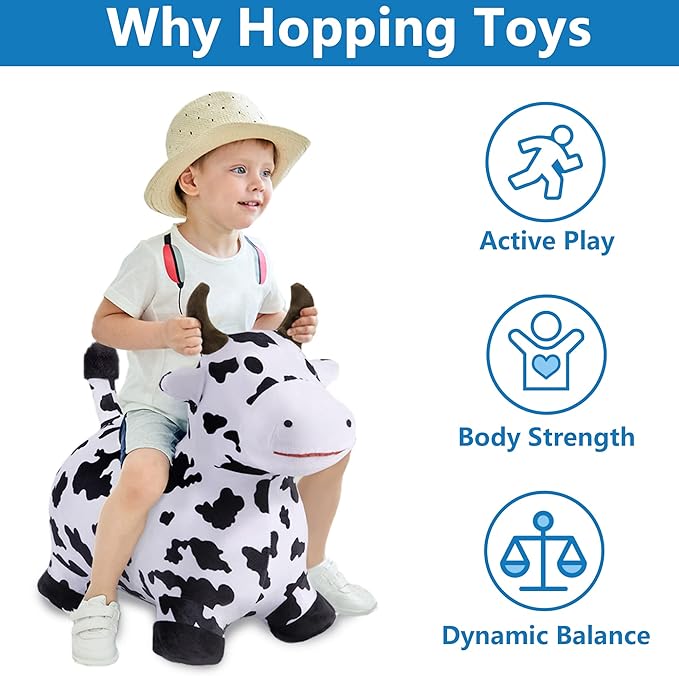 iPlay, iLearn Bouncy Pals Hopping Cow Horse, Toddler Girl Boy Inflatable Bouncing Animal Hopper Toy, Outdoor Indoor Plush Ride on Bouncer, Baby Birthday Gift 18 Month 2 3 4 Year Old Kid - Cow