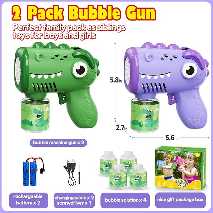 Toys for Ages 3-8 Boys Girls: Yunaking 2 Pack Bubble Machine Gun for Kids Rechargeable with Bubble Solutions, Kids Toys Gifts for 3 4 5 6 7 8 Years Old Boy Girl Birthday Toy for Kid Toddlers Ages 4-6