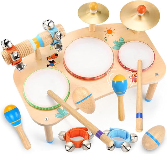 WINGYZ 11-in-1 Kids Drum Set – Montessori Baby Musical Toys & Wooden Musical Instruments for Toddlers 1-3, Music Table with Bongo Drums, Cymbals, Maracas & Wrist Bells for Early Rhythm Play