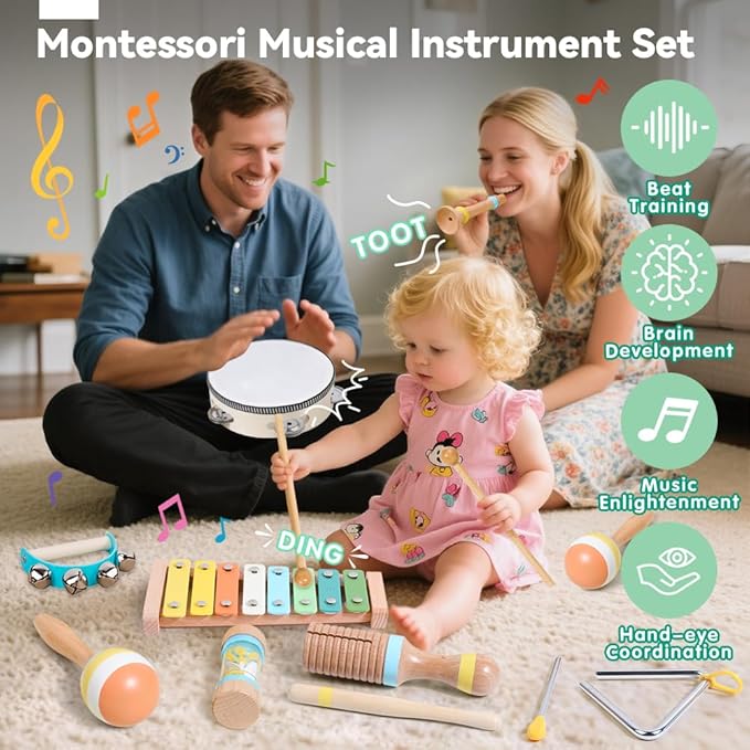 Baby Musical Instruments Wooden Montessori Toys for Toddlers 1-3, Neutral Colors Boho Wooden Montessori Toys Xylophone Instruments Set with Storage Bag for 1 2 3 Year Old Kids Baby Toddlers Boys Girls