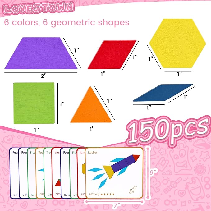 LovesTown Wooden Pattern Blocks Set for Kids, Geometric Shapes with Learning Cards, 150 PCS Educational Puzzle Toy