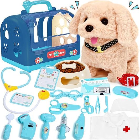 24 Pcs Dog Toys Doctor Kit for Kids, Walking and Barking Electronic Interactive stuffed Puppy Toy with Pretend Playset for Toddlers, Pet Care Veterinarian Toy Set, Girl Role Play Gift for 3-6 Year Old