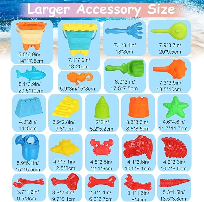 Beach Sand Toys Set, 24PCS Sandbox Toys with Mesh Backpack Bag Included 2 Foldable Buckets Pails, Sand Molds, Shovels, Rakes and Watering Can, Summer Outdoor Toys for Kids Toddlers Boys Girls