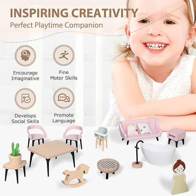 Wooden Dollhouse Furniture Set, Dollhouse Accessories and Furniture, with 7 Rooms 3 Dolls, Includes Patio Set & Dog Set, Doll House Furniture Toys Gift for Kids Boys Girls