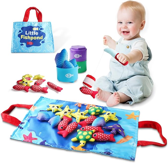 Toddler Montessori Sensory Toys for 1 Year Old - Baby Boy Girl Toys 1 Years Old Birthday Gift, Cloth Fishing Game with Stacking Cups,Number Counting and Color Sorting