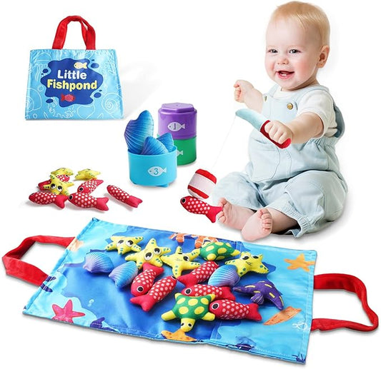 Toddler Montessori Sensory Toys for 1 Year Old - Baby Boy Girl Toys 1 Years Old Birthday Gift, Cloth Fishing Game with Stacking Cups,Number Counting and Color Sorting