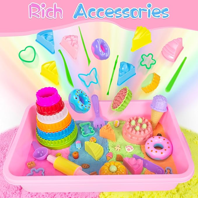 Ice Cream Sensory Bin for Girls Kids,Play Sand Art Kit with 2.2lb Color Magic Sands,56 pcs Cake Molds Tools Sandbox Toy-Fun Pretend Play Desserts Toys Sensory Toys for Girls Toddler 3 4 5 6 7 8