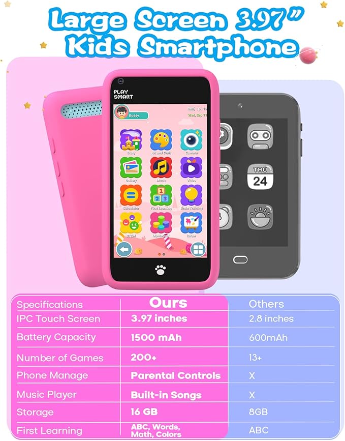 MOMILLA Kids Toys Smart Phone, 3.97" Touchscreen Phone with 16GB Storage, Christmas Birthday Gifts for Girls Age 3-10, Toddler Toy Learning Smartphone, Cell Phone with Front Camera(No Dual Camera)