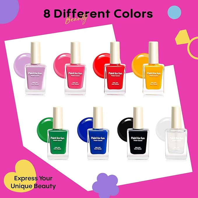 Tomons Nail Polish Set Non Toxic Kids Nail Polish Kit for Kids Ages 7-12, Birthday Gifts for 6 7 8 9 10 11 12 Year Girl, Glitter, Sequins, Stickers, Nail Art Kit Tools- 8 Colors