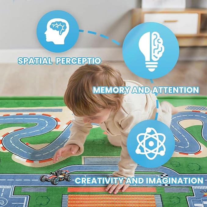 1.3" Thick Educational Baby Floor Play Mat 79x158, Basic Padded Memory Foam Kids Mat, Extra Large Non-Slip Plush Playmat for Nursery Playroom Classroom (Race Track)