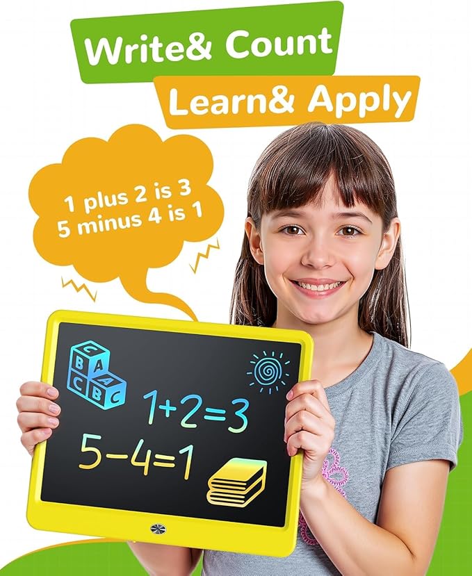 TEKFUN LCD Writing Tablet, 16inch Colorful Drawing Tablet Writing Pad, Kids Travel Essentials, Kids Toys for 3 4 5 6 7 8 Year Old Girls Boys (Yellow)