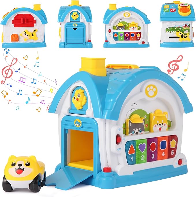 1 2 Year Old Boys Montessori Musical Learning House Toys,First Birthday Gifts for Baby Boys,Blue Bilingual Educational Toy for Toddlers Age 1-3