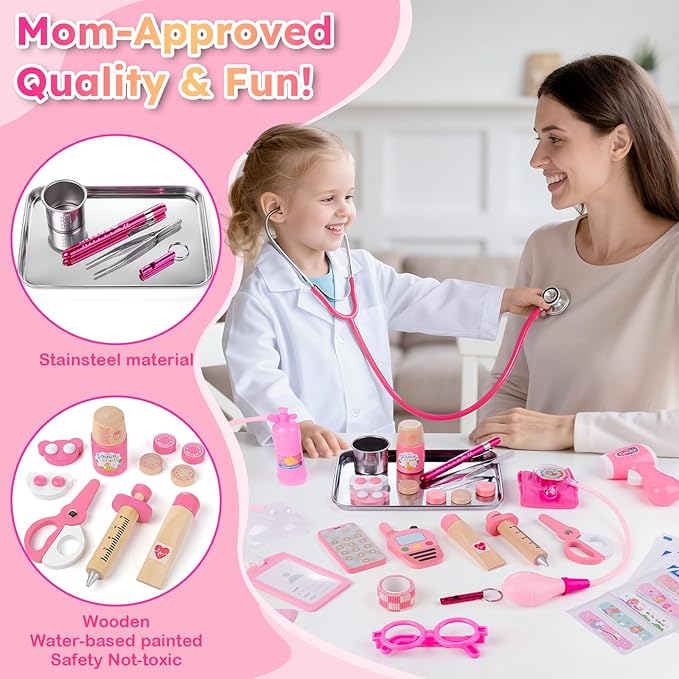Sundaymot Doctor Kit for Girls, 34 Pcs Doctor kit for Toddlers 3-5 with Medical Storage Bag & Real Stethoscope Pretend Play Doctor Set, Doctor Play Gift for Kids Toddlers Role Play