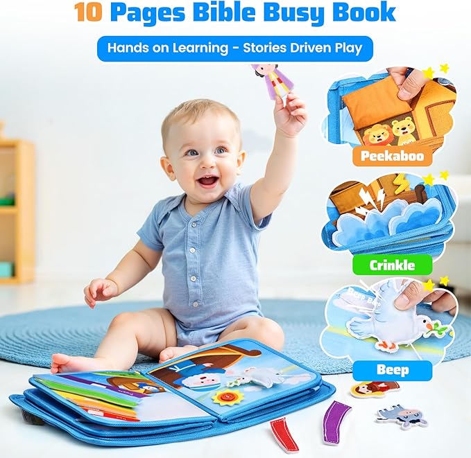 Esjay Busy Board Bible Busy Book for Toddlers, Montessori Toys 1 2 3 Year Old Toddler Baby, Noah's Ark Toy Baptism Birthday Gifts for Boys Girls, Learning Educational Activity Book for Travel Airplane
