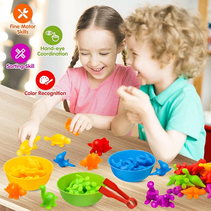 USATDD Counting Dinosaur Toys Matching Color Sorting Stacking Games with Bowls Preschool Learning Activities for Educational Sensory Montessori STEM Toy Sets Gift for Toddlers Kids Boys Girls Aged 3+