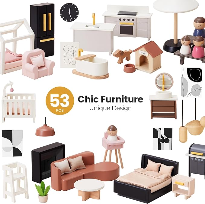 Tiny Land Doll House, Modern Family Dollhouse with Realistic Design, Wooden Dollhouse with 53Pcs Furniture - Ideal Gift for Kids Ages 3+