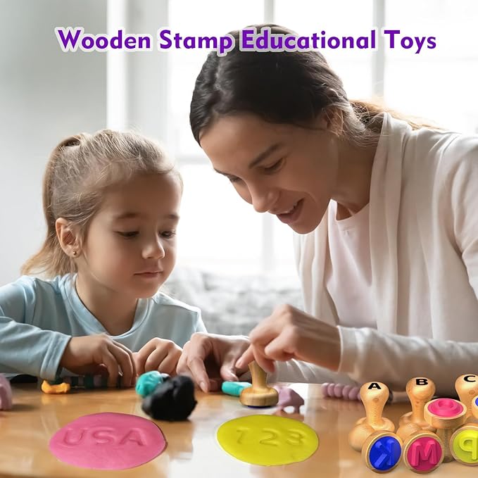Wooden Alphabet Stamps & Number Letter Stamps for Kids - Montessori Learning Toys with Flashcards, ABC Spelling & Math Games for 3 4 5 Year Olds, Classroom Art Crafts Preschool Supplies