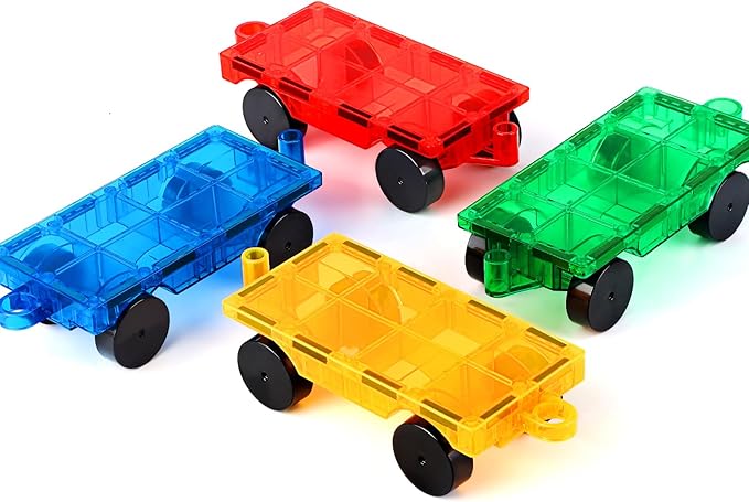 Magnetic Tiles Cars Construction Set - 4 PCS Magnetic Tiles Magnet Bricks Truck Sensory Toys, Educational Magnet Cars Set Building Blocks for 3 4 5 6 7 8+ Year Old Girls Boys