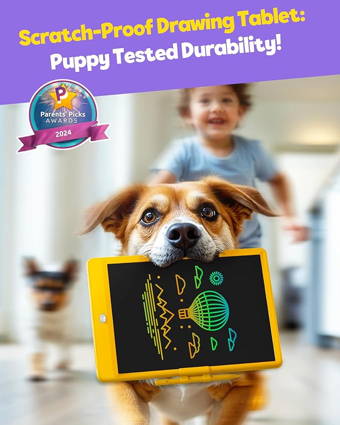 TEKFUN Toys for Girls Boys 10IN LCD Writing Tablet, Magic Doodle Board with Anti-Lost Stylus, Mess Free Coloring for Toddlers Drawing Pad, Toddler Travel Car Plane Trip Toys Gifts (Yellow)