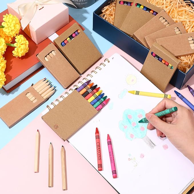 10 Packs Crayons Colored Pencils Bulk Bundle Pencil Crayon Set 3.5 Inch Mini 6 Color Pencils 8 Color Crayons Mini Boxes in Kraft Box for Kids Classroom School Teacher Birthday Party Supplies