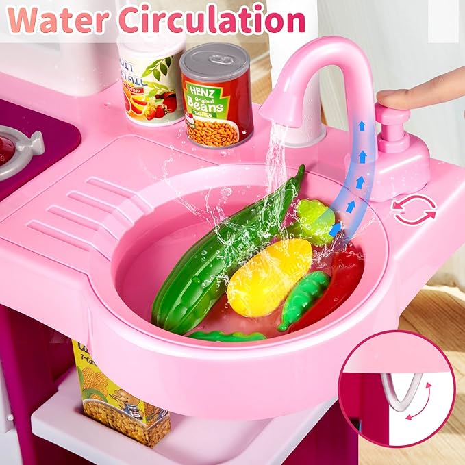 53 PCS Play Kitchen Pretend Food Set for Kids Ages 3-6 4-8, Pink Kitchen Toys with Light, Sound and Spraying, Sink Toy Accessories, Indoor Outdoor Playset for Toddlers 3-5 Boys Girls 6-12