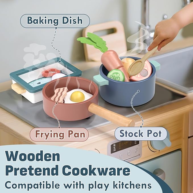 Lehoo Castle Wooden Play Kitchen Accessories, Play Pots and Pans Sets for Kids, Play Food Sets for Kids Kitchen, Montessori Food Toys for Toddlers 3-5, Gifts for Girls Boys