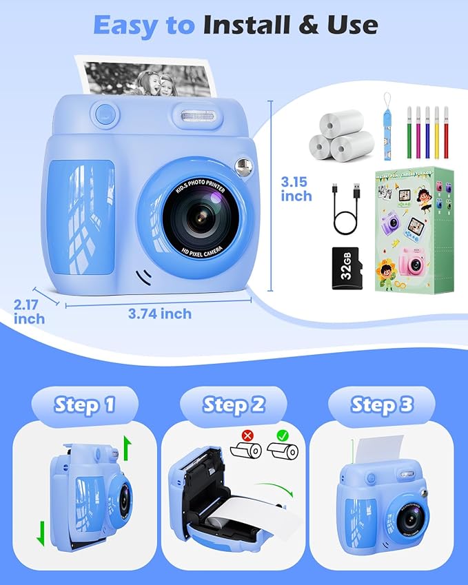 Kids Camera Instant Print - Christmas Birthday Gifts for Girls Boys Age 3-12, 1080P Video Digital Camera with 3 Rolls Printing Paper, Toddler Travel Toy Camera for 4 5 6 7 8 9 10 11 Year Old - Blue