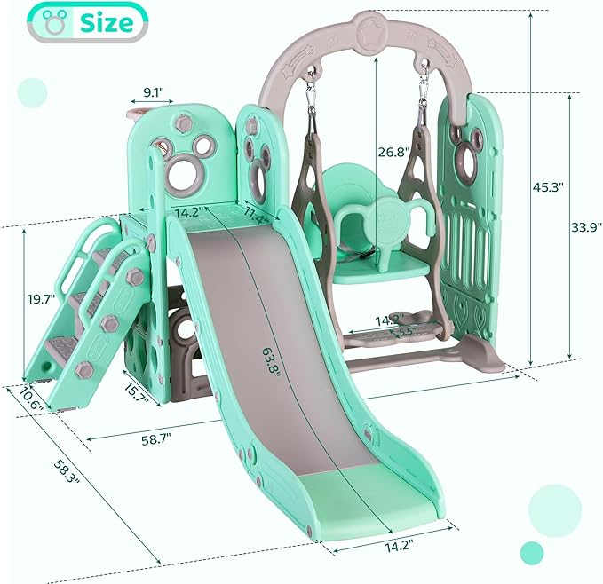 Arlopu 7 in 1 Toddler Slide and Swing Set, Kids Climber Playset with Ball & Hoop, Telescope, Suction Cup Reinforced Base, Baby Indoor Outdoor Playground (Light Green)