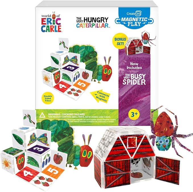 CreateOn Eric Carle The Very Hungry Caterpillar & Bonus Very Busy Spider Playset, Magnetic Building Toys, Educational, STEM and Montessori Tools, Magnetic Tiles for Kids Ages 3+, 24 Pieces