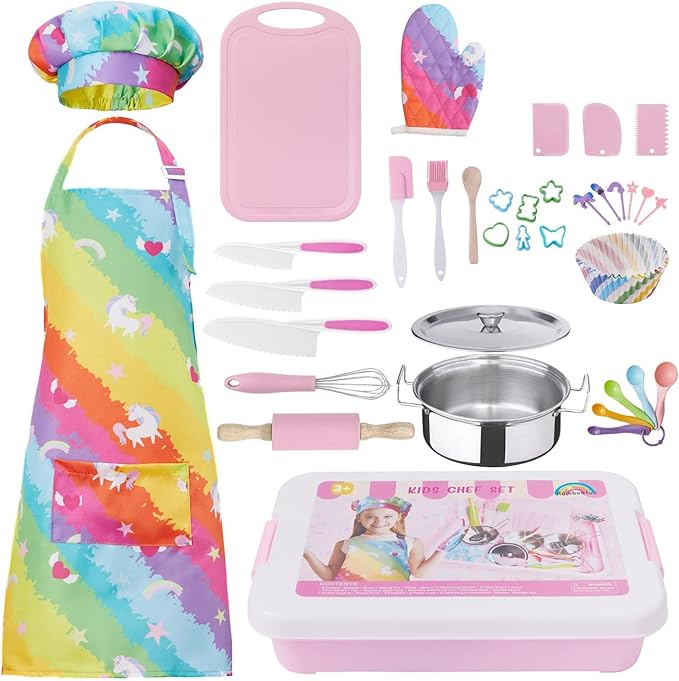 42 Piece Kids Real Cooking Set, Kids Knife Set, Baking Kit, Cookware, Play Pots and Pans, Mini Stainless Steel Pretend Play Cooking Toys, Apron and Chef Hat for Girls, Sensory Toys