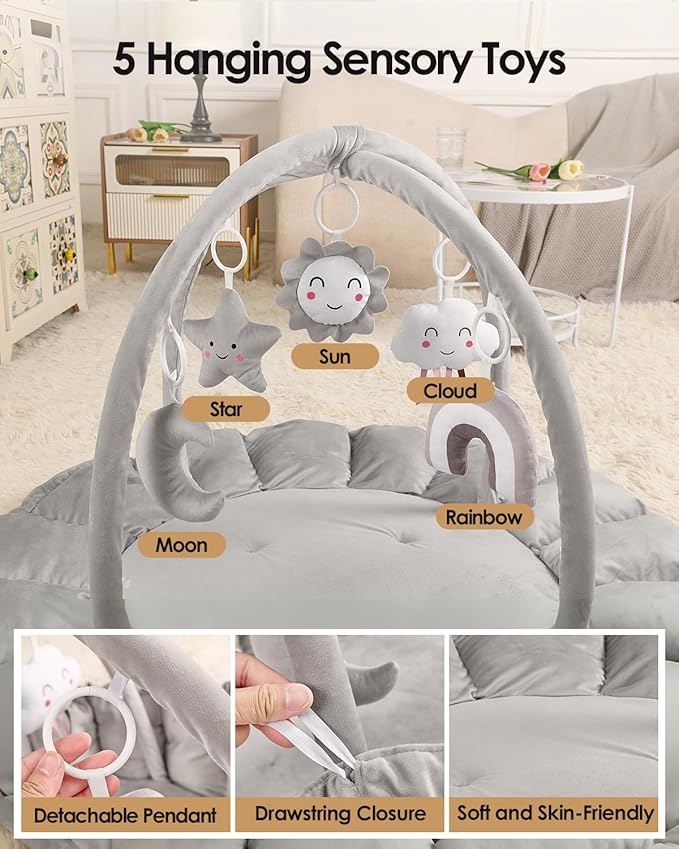 5-in-1 Convertible Baby Gym Play Mat with Hanging Toys, Soft Padded Baby Lounger & Ball Pit, Plush Tummy Time Mat for Newborns to Toddlers, Machine Washable, Gray
