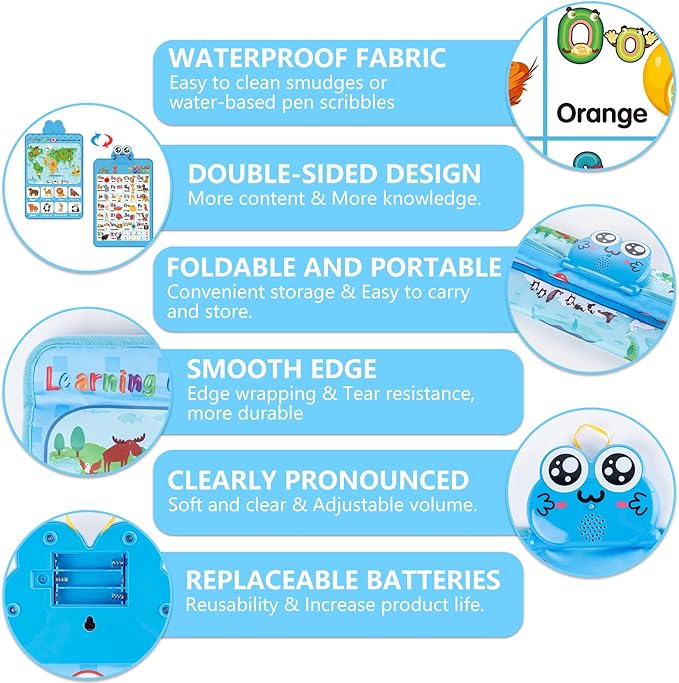 Electronic Interactive Double-Sided Alphabet Wall Chart, Talking ABC & 123 & Music & Learning Poster, Educational Toddlers Toys for Ages 3-4 Kids Gift, Best for Preschool Boys & Girls(Blue)