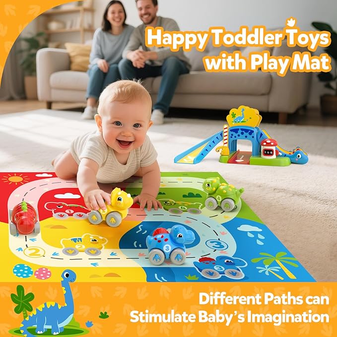 Toddler Toys for 1 Year Old Boy Gifts - Educational Dinosaur Slide Set with 4 Color/Number Push Cars and Playmat, Montessori Learning Toy for Baby 12-18 Months, 1st Birthday Present Ages 1-1.5, Yellow