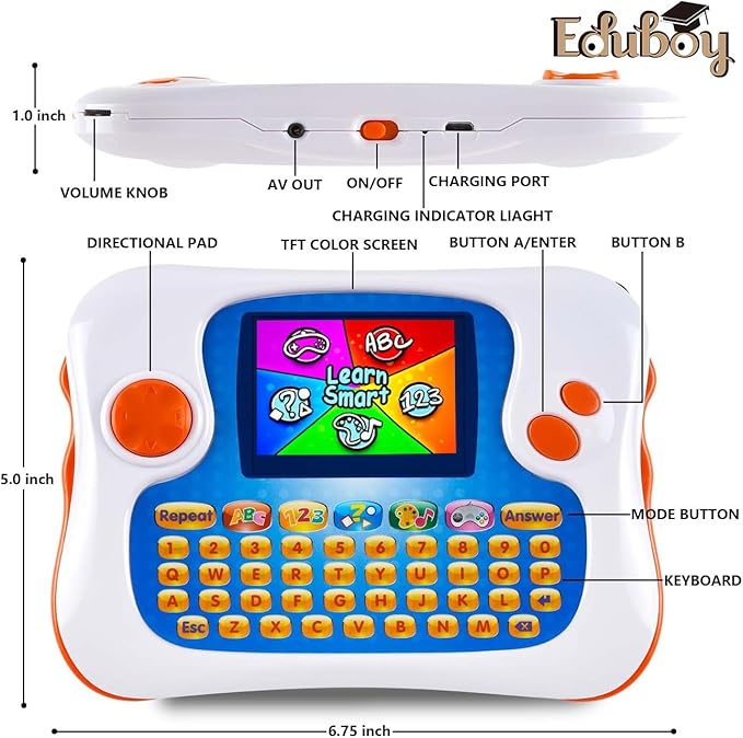 Eduboy Kids Tablet,English-Spanish Bilingual Learning Tablet for Kids, Educational Toy with 104 Learning Apps/Games,Support TV Out Function,Great Choice for Preschool Toddlers Babies Early Education