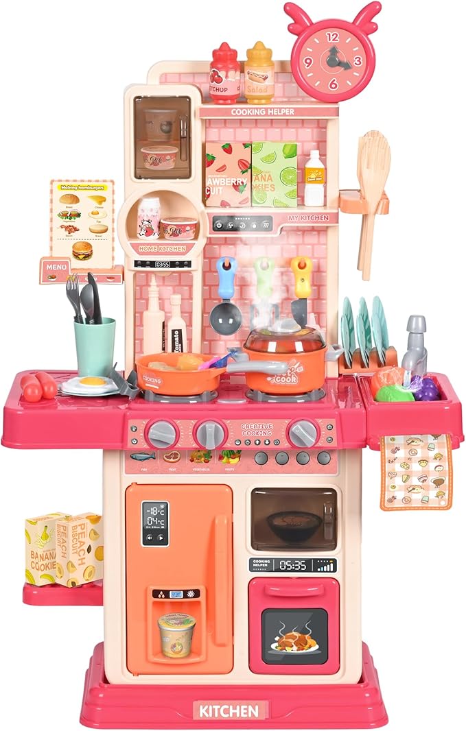 cossy Kids Play Kitchen,Toddler Kitchen with Sound and Light,Cooking Stove with Steam,Play Food Toy and Kitchen Accessories,Play Kitchen for Toddlers,Pink