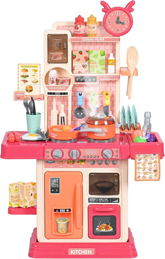 cossy Kids Play Kitchen,Toddler Kitchen with Sound and Light,Cooking Stove with Steam,Play Food Toy and Kitchen Accessories,Play Kitchen for Toddlers,Pink