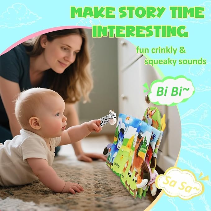 Farm Crinkle Books for Babies with 10 Finger Puppets Set, Touch and Feel Cloth Soft Farm Animal Tail Baby Books 0-6 Months with Teething Toy, Infant Toys 6-12 Months, Baby Christmas Shower Gifts